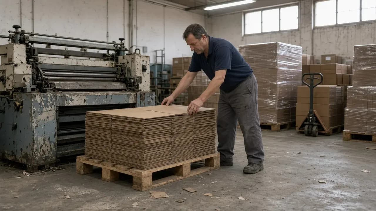Operario apilando planchas de cartón ondulado en una fábrica de envases de Granollers