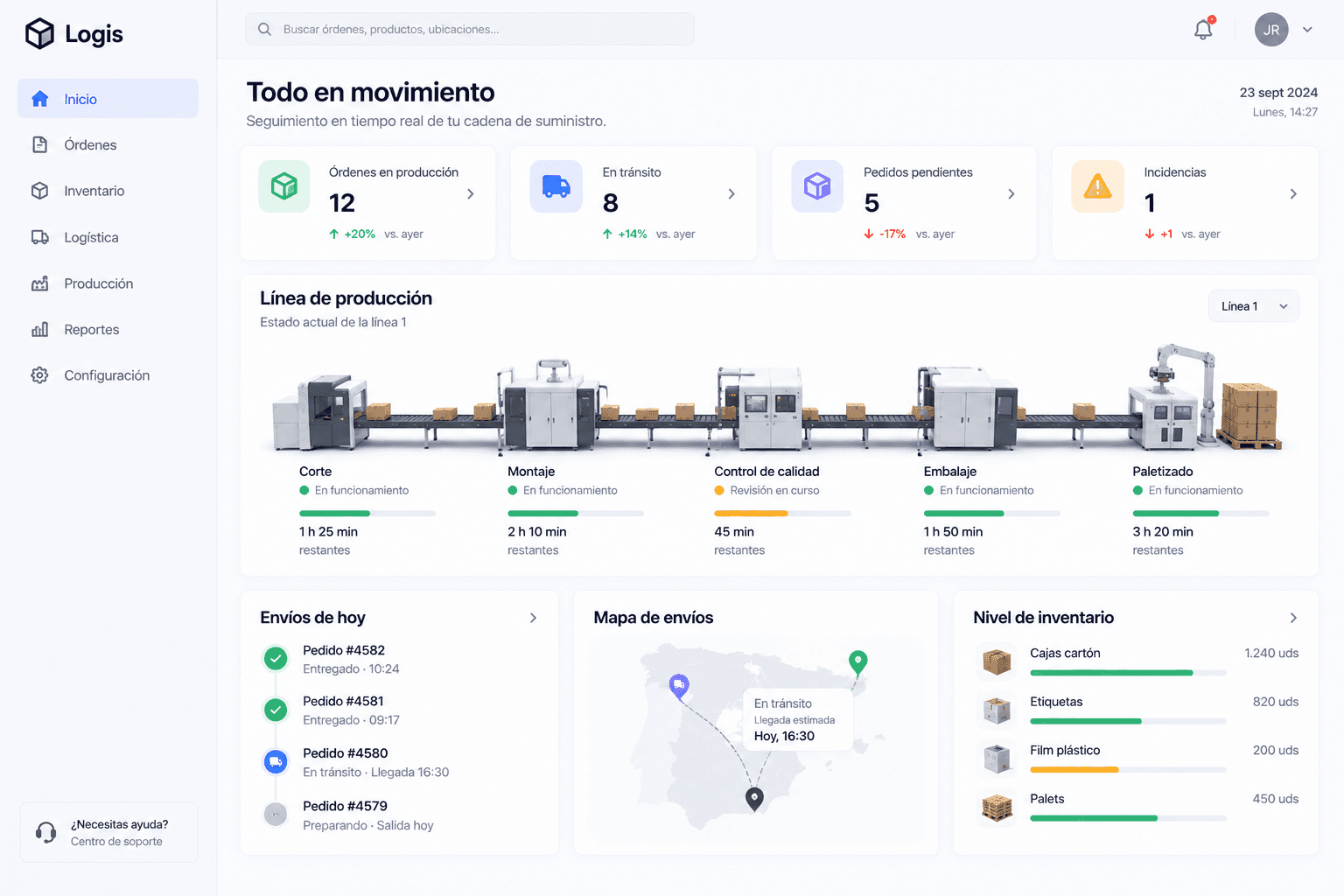 Captura de un panel de logística y almacén con stock, materiales y envíos